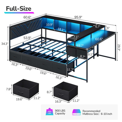 Hasuit | Corner Bed Frame with Desk and 4 Storage Bookcases Gaming Bed Frame with LED Light and Upholstered Headboard