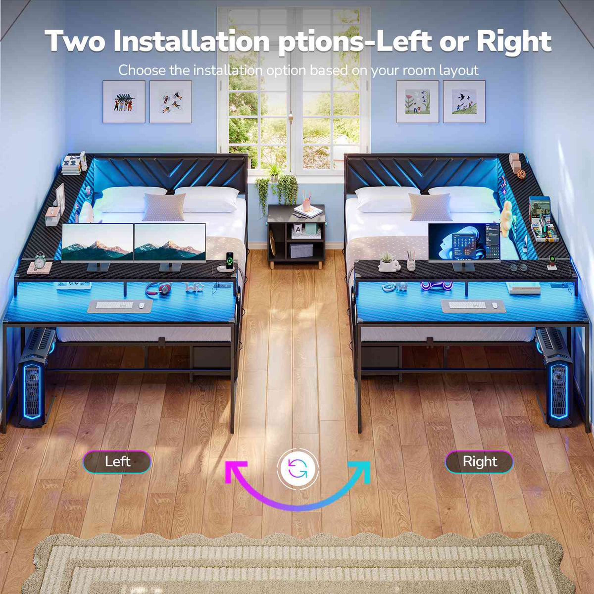 Hasuit | Corner Bed Frame with Desk and 4 Storage Bookcases Gaming Bed Frame with LED Light and Upholstered Headboard