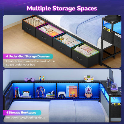Hasuit | Corner Bed Frame with Desk and 4 Storage Bookcases Gaming Bed Frame with LED Light and Upholstered Headboard