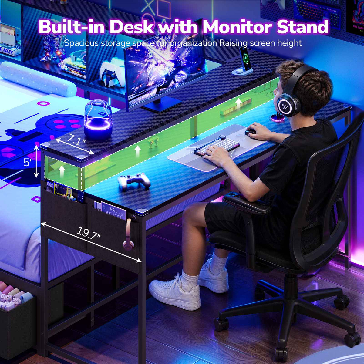 Hasuit | Corner Bed Frame with Desk and 4 Storage Bookcases Gaming Bed Frame with LED Light and Upholstered Headboard