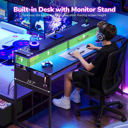 Hasuit | Corner Bed Frame with Desk and 4 Storage Bookcases Gaming Bed Frame with LED Light and Upholstered Headboard