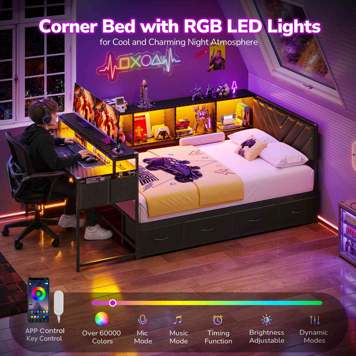 Hasuit | Corner Bed Frame with Desk and 4 Storage Bookcases Gaming Bed Frame with LED Light and Upholstered Headboard