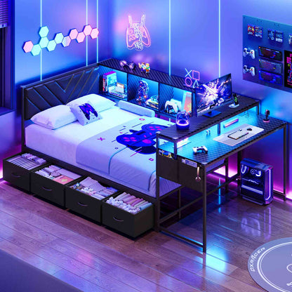 Hasuit | Corner Bed Frame with Desk and 4 Storage Bookcases Gaming Bed Frame with LED Light and Upholstered Headboard