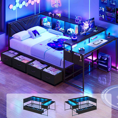 Hasuit | Corner Bed Frame with Desk and 4 Storage Bookcases Gaming Bed Frame with LED Light and Upholstered Headboard