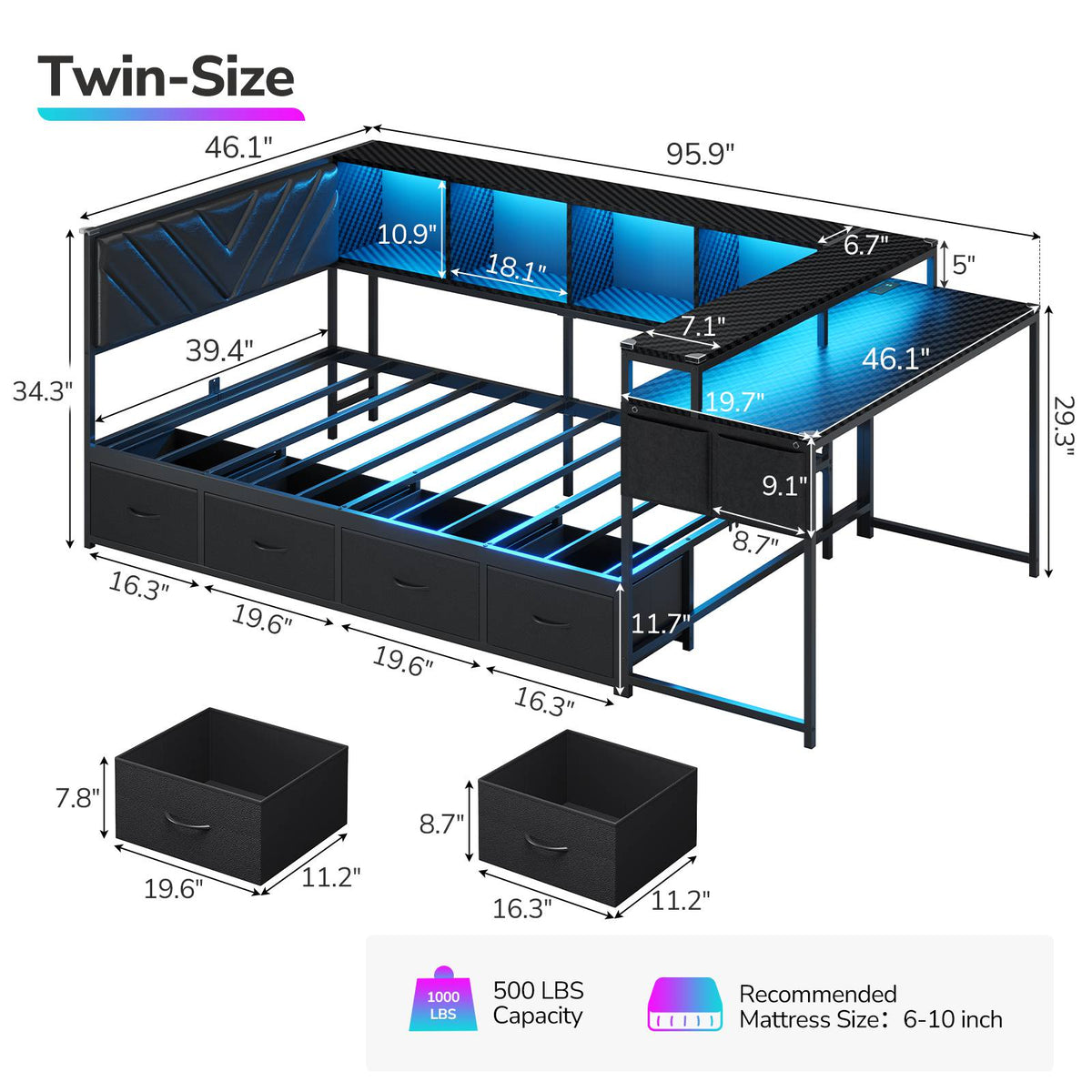 Hasuit | Corner Bed Frame with Desk and 4 Storage Bookcases Gaming Bed Frame with LED Light and Upholstered Headboard