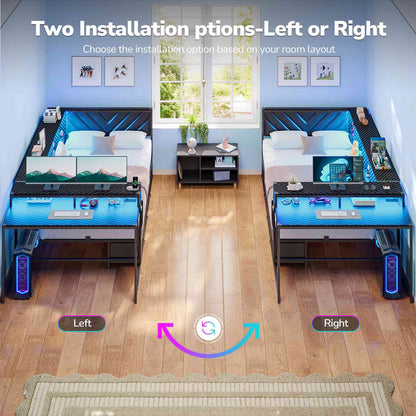 Hasuit | Corner Bed Frame with Desk and 4 Storage Bookcases Gaming Bed Frame with LED Light and Upholstered Headboard