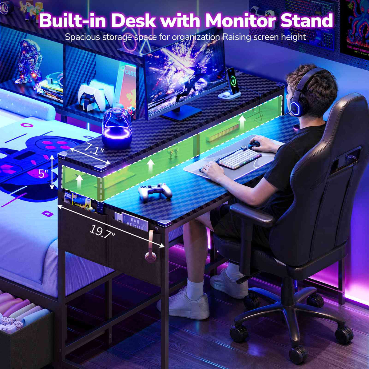 Hasuit | Corner Bed Frame with Desk and 4 Storage Bookcases Gaming Bed Frame with LED Light and Upholstered Headboard