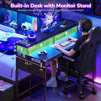 Hasuit | Corner Bed Frame with Desk and 4 Storage Bookcases Gaming Bed Frame with LED Light and Upholstered Headboard