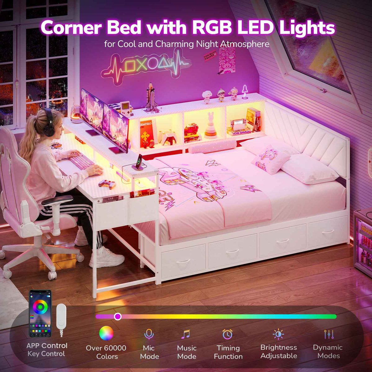 Hasuit | Corner Bed Frame with Desk and 4 Storage Bookcases Gaming Bed Frame with LED Light and Upholstered Headboard