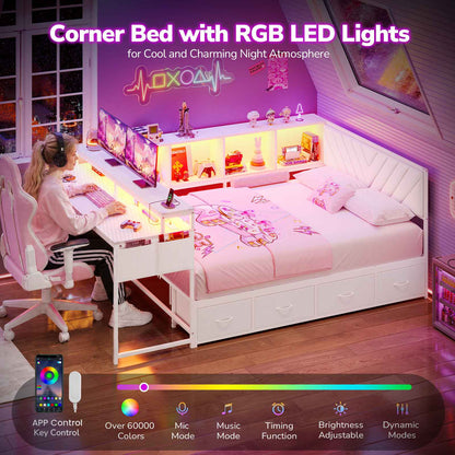 Hasuit | Corner Bed Frame with Desk and 4 Storage Bookcases Gaming Bed Frame with LED Light and Upholstered Headboard