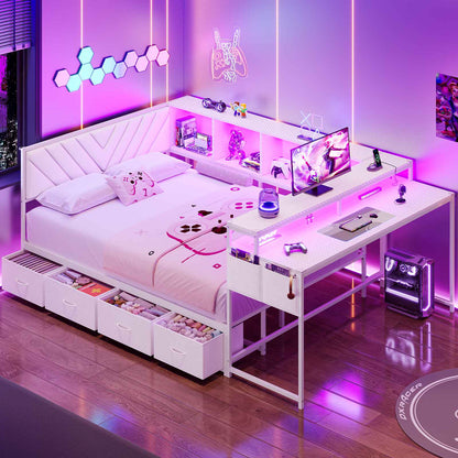 Hasuit | Corner Bed Frame with Desk and 4 Storage Bookcases Gaming Bed Frame with LED Light and Upholstered Headboard
