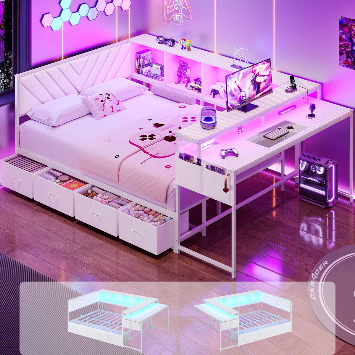 Hasuit | Corner Bed Frame with Desk and 4 Storage Bookcases Gaming Bed Frame with LED Light and Upholstered Headboard