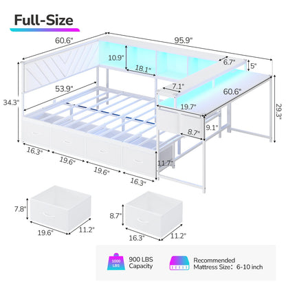 Hasuit | Corner Bed Frame with Desk and 4 Storage Bookcases Gaming Bed Frame with LED Light and Upholstered Headboard