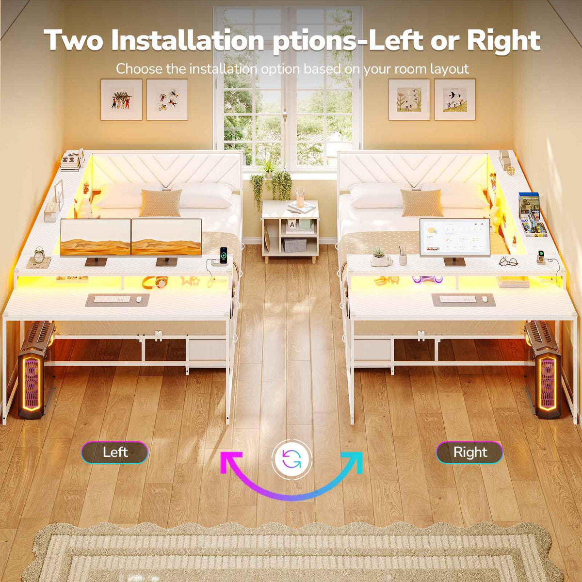 Hasuit | Corner Bed Frame with Desk and 4 Storage Bookcases Gaming Bed Frame with LED Light and Upholstered Headboard