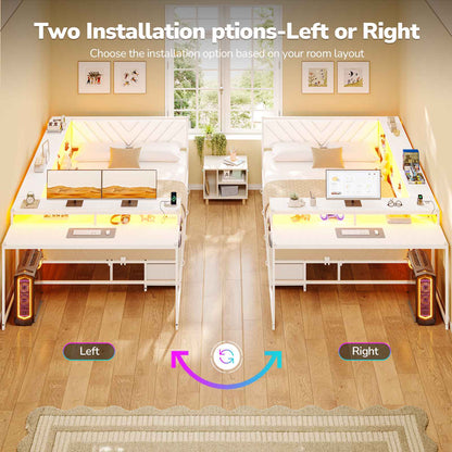 Hasuit | Corner Bed Frame with Desk and 4 Storage Bookcases Gaming Bed Frame with LED Light and Upholstered Headboard