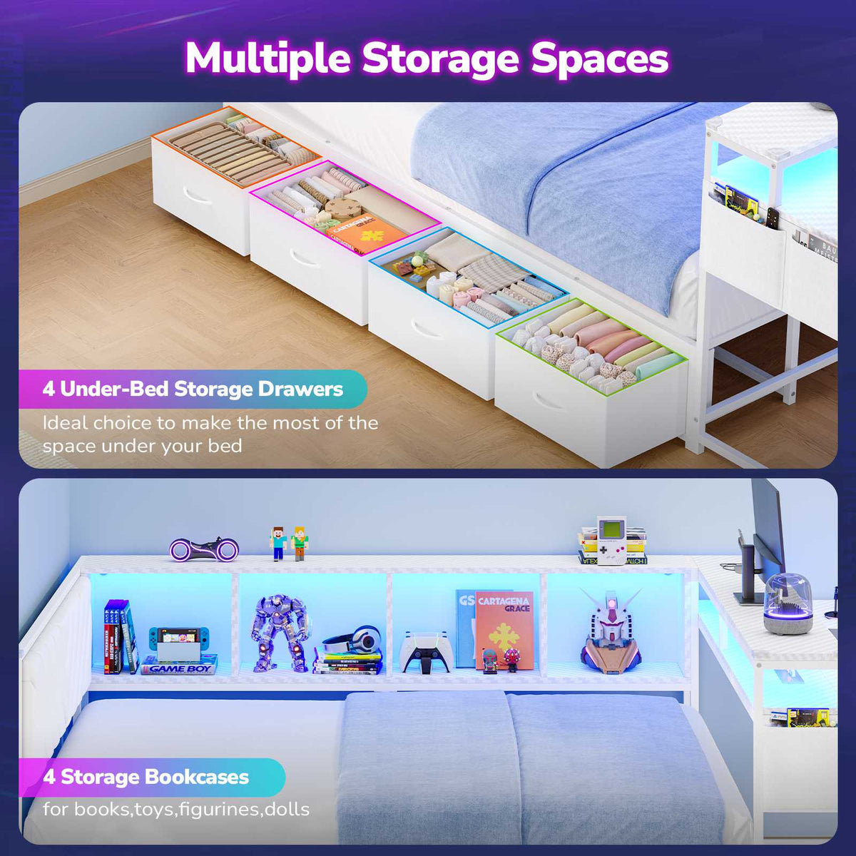 Hasuit | Corner Bed Frame with Desk and 4 Storage Bookcases Gaming Bed Frame with LED Light and Upholstered Headboard