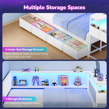 Hasuit | Corner Bed Frame with Desk and 4 Storage Bookcases Gaming Bed Frame with LED Light and Upholstered Headboard