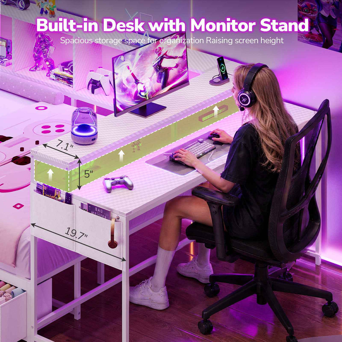 Hasuit | Corner Bed Frame with Desk and 4 Storage Bookcases Gaming Bed Frame with LED Light and Upholstered Headboard