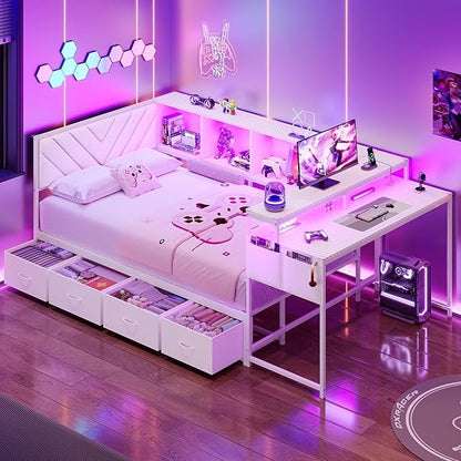 Hasuit | Corner Bed Frame with Desk and 4 Storage Bookcases Gaming Bed Frame with LED Light and Upholstered Headboard