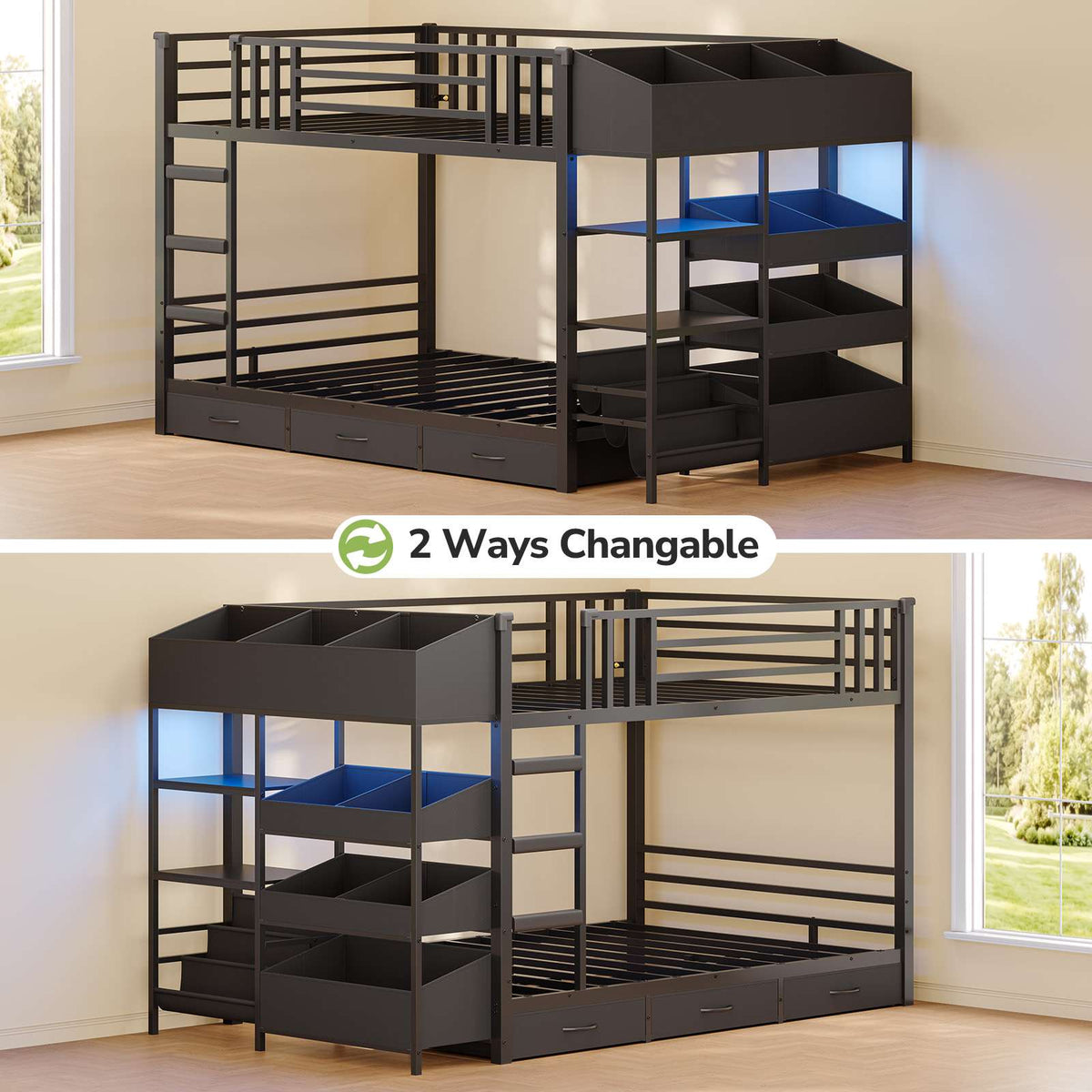 Hasuit | Twin Over Twin Bunk Bed with Storage Drawers and Montessori Bookshelf Reversible Metal Bunk Bed with Safety Guardrails