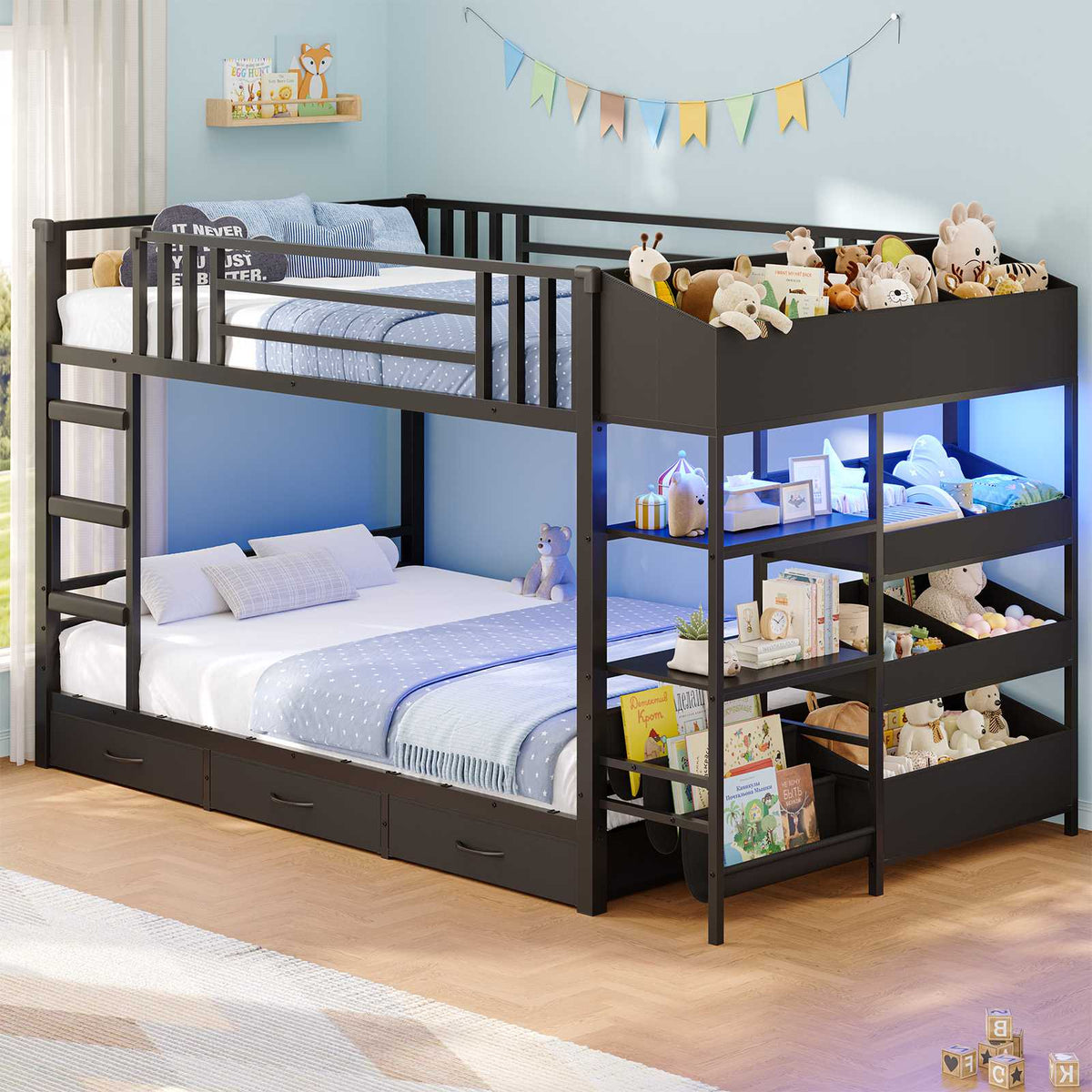 Hasuit | Twin Over Twin Bunk Bed with Storage Drawers and Montessori Bookshelf Reversible Metal Bunk Bed with Safety Guardrails