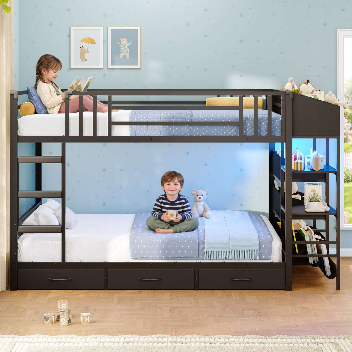 Hasuit | Twin Over Twin Bunk Bed with Storage Drawers and Montessori Bookshelf Reversible Metal Bunk Bed with Safety Guardrails