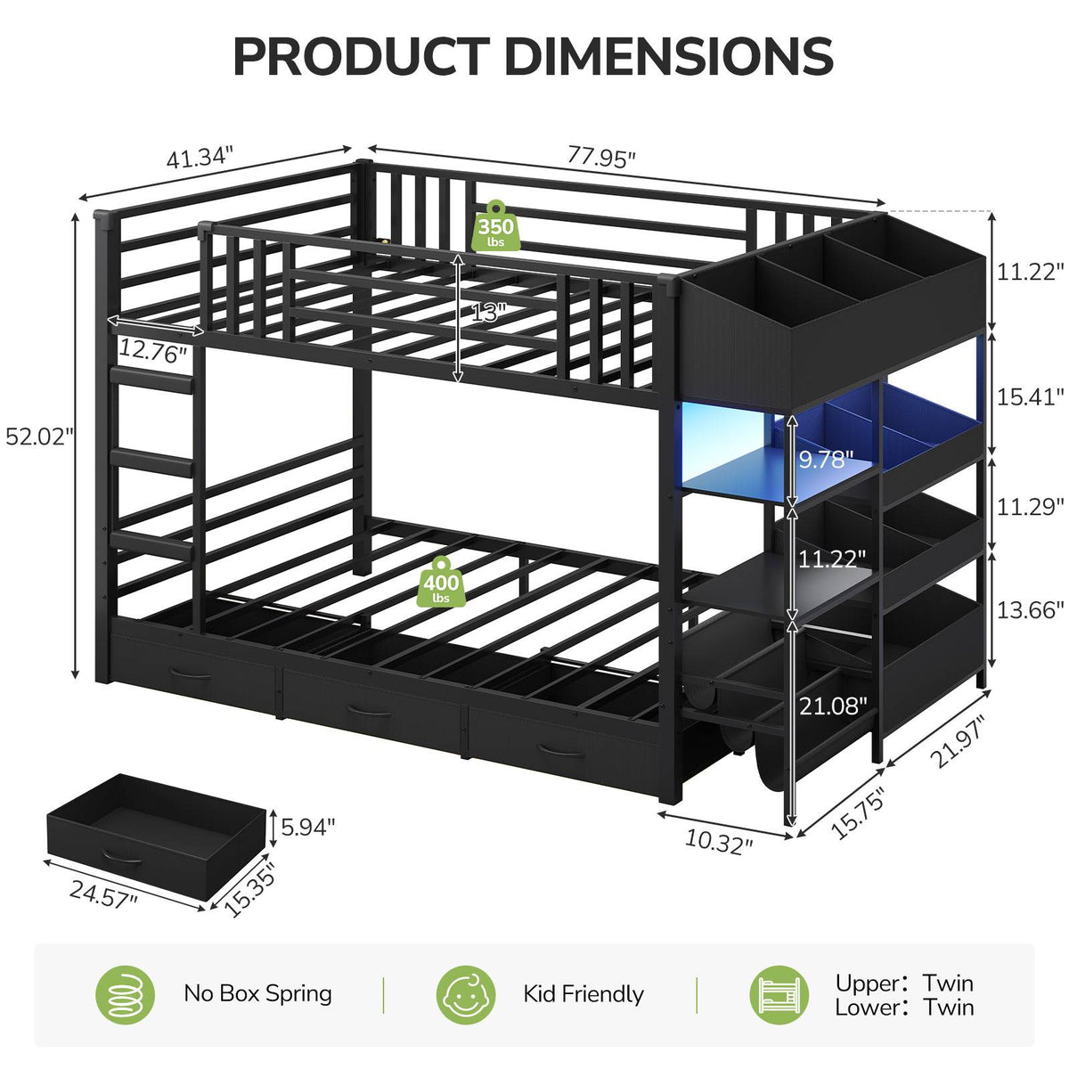 Hasuit | Twin Over Twin Bunk Bed with Storage Drawers and Montessori Bookshelf Reversible Metal Bunk Bed with Safety Guardrails