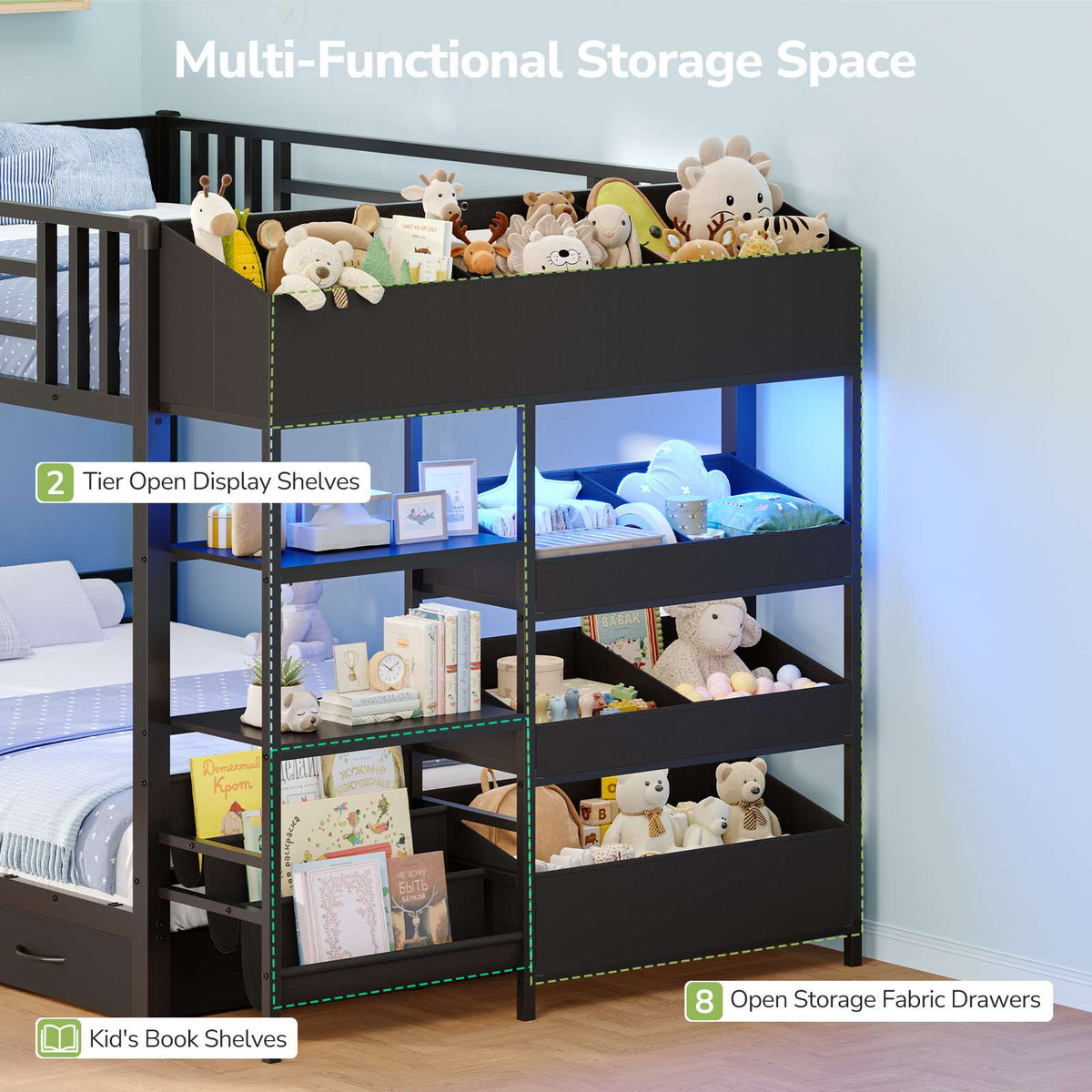 Hasuit | Twin Over Twin Bunk Bed with Storage Drawers and Montessori Bookshelf Reversible Metal Bunk Bed with Safety Guardrails
