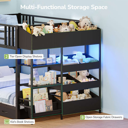 Hasuit | Twin Over Twin Bunk Bed with Storage Drawers and Montessori Bookshelf Reversible Metal Bunk Bed with Safety Guardrails
