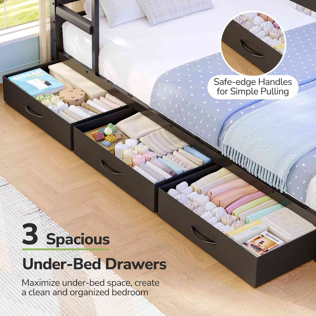 Hasuit | Twin Over Twin Bunk Bed with Storage Drawers and Montessori Bookshelf Reversible Metal Bunk Bed with Safety Guardrails
