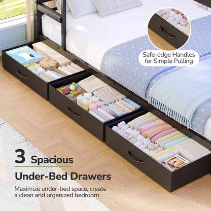 Hasuit | Twin Over Twin Bunk Bed with Storage Drawers and Montessori Bookshelf Reversible Metal Bunk Bed with Safety Guardrails