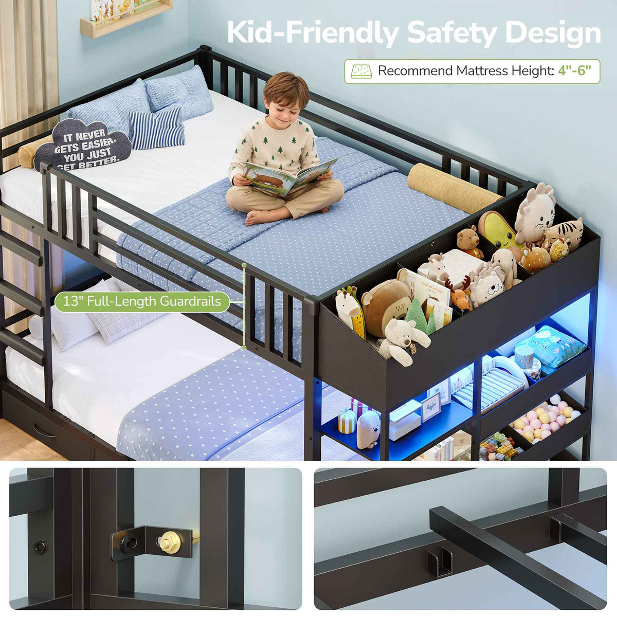 Hasuit | Twin Over Twin Bunk Bed with Storage Drawers and Montessori Bookshelf Reversible Metal Bunk Bed with Safety Guardrails