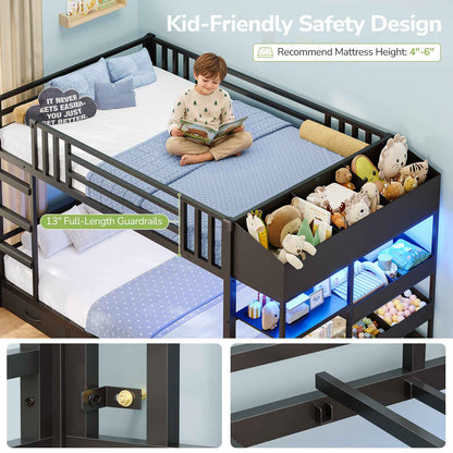 Hasuit | Twin Over Twin Bunk Bed with Storage Drawers and Montessori Bookshelf Reversible Metal Bunk Bed with Safety Guardrails