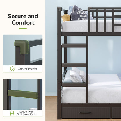 Hasuit | Twin Over Twin Bunk Bed with Storage Drawers and Montessori Bookshelf Reversible Metal Bunk Bed with Safety Guardrails