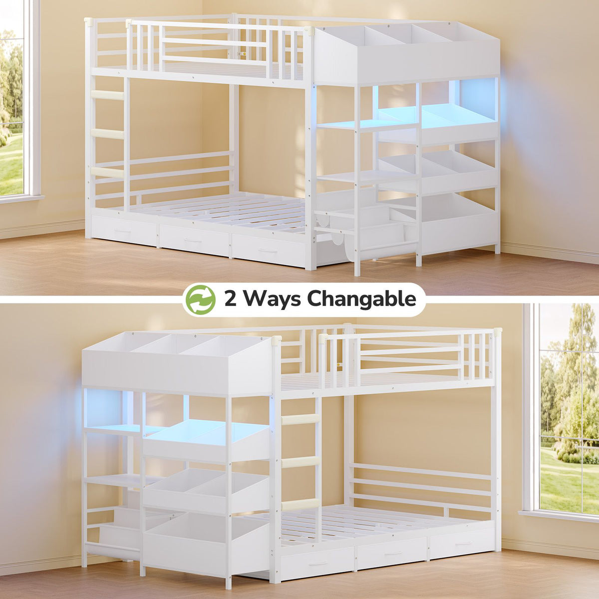 Hasuit | Twin Over Twin Bunk Bed with Storage Drawers and Montessori Bookshelf Reversible Metal Bunk Bed with Safety Guardrails