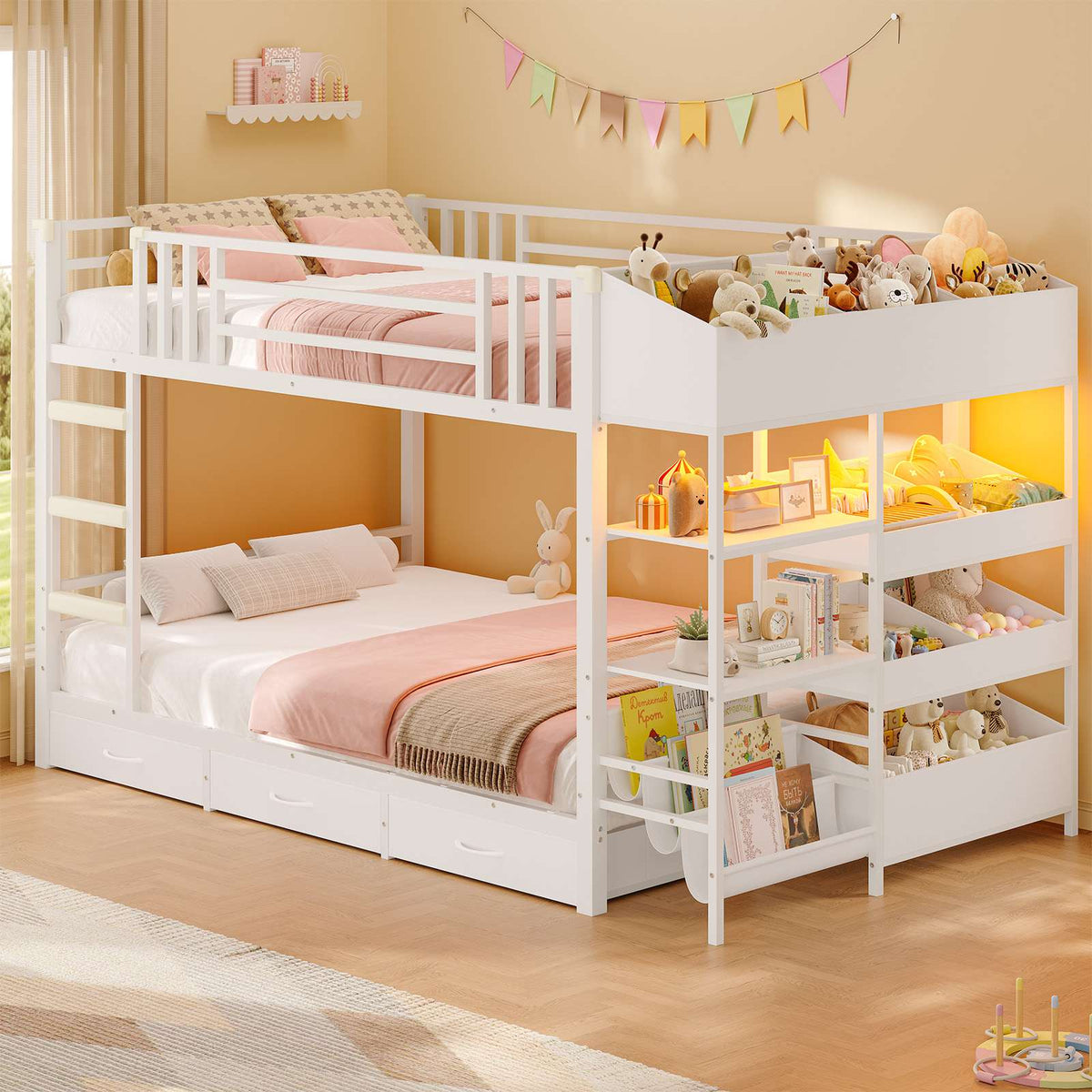 Hasuit | Twin Over Twin Bunk Bed with Storage Drawers and Montessori Bookshelf Reversible Metal Bunk Bed with Safety Guardrails