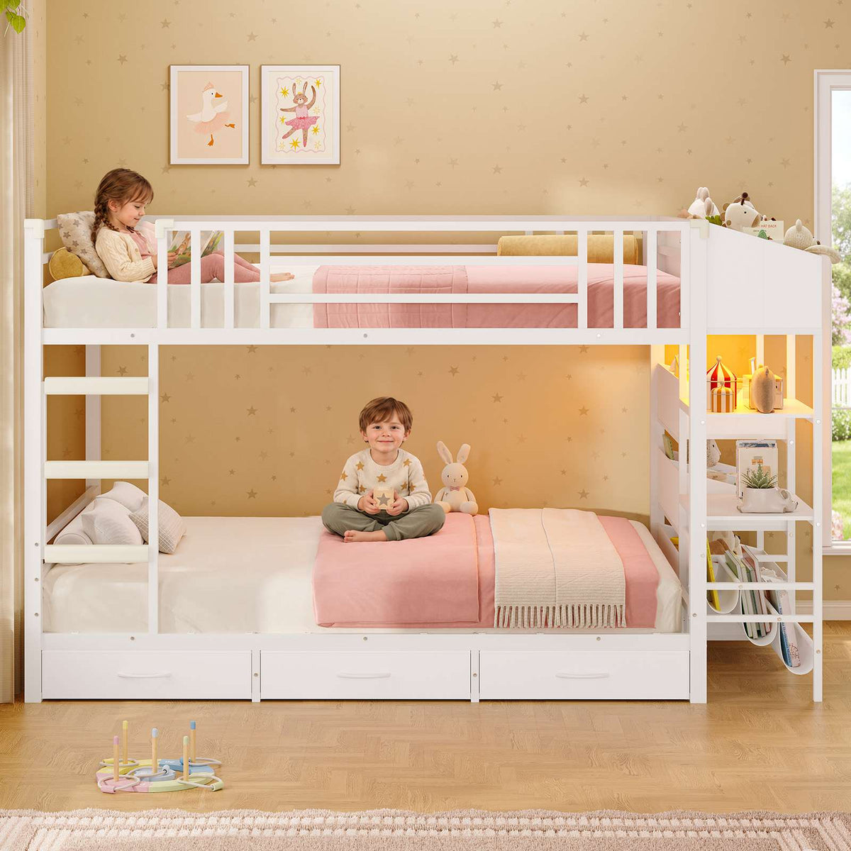 Hasuit | Twin Over Twin Bunk Bed with Storage Drawers and Montessori Bookshelf Reversible Metal Bunk Bed with Safety Guardrails