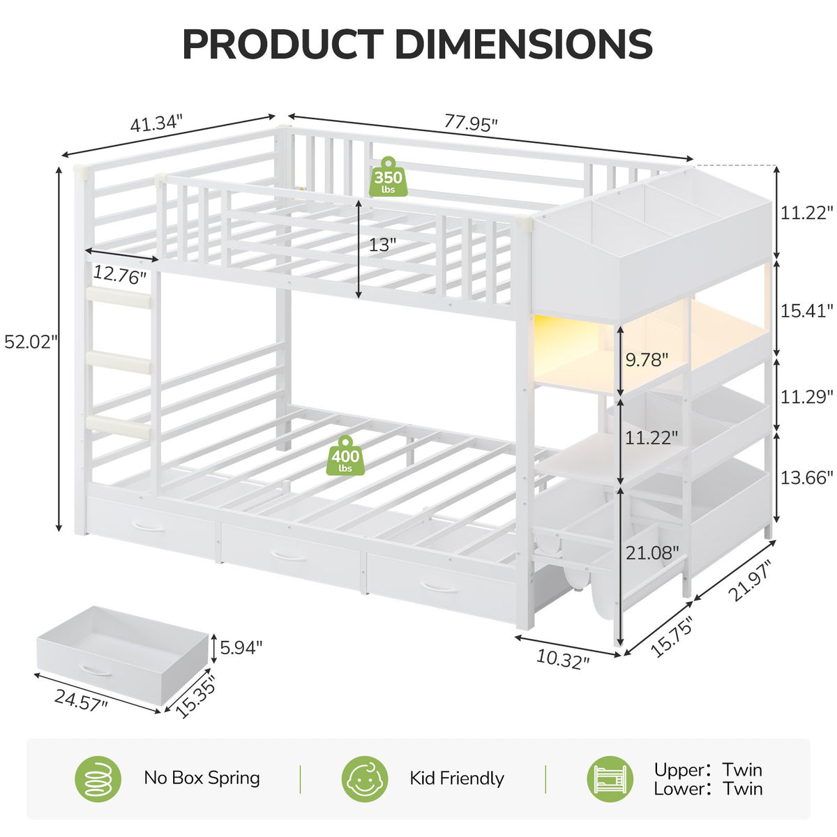 Hasuit | Twin Over Twin Bunk Bed with Storage Drawers and Montessori Bookshelf Reversible Metal Bunk Bed with Safety Guardrails