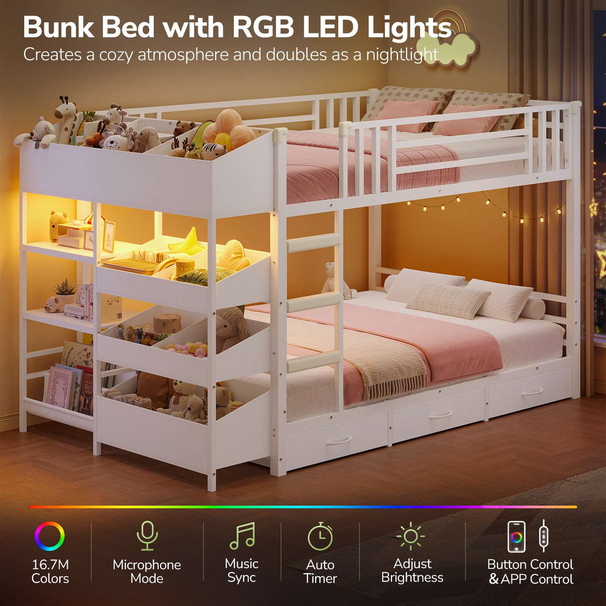 Hasuit | Twin Over Twin Bunk Bed with Storage Drawers and Montessori Bookshelf Reversible Metal Bunk Bed with Safety Guardrails