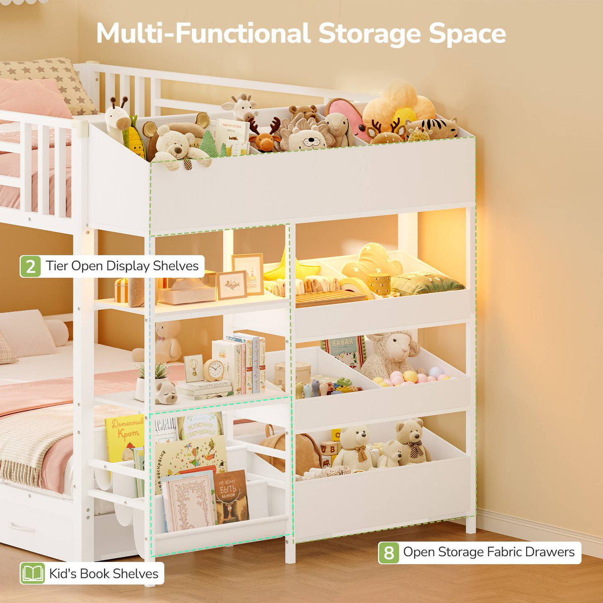 Hasuit | Twin Over Twin Bunk Bed with Storage Drawers and Montessori Bookshelf Reversible Metal Bunk Bed with Safety Guardrails