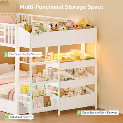 Hasuit | Twin Over Twin Bunk Bed with Storage Drawers and Montessori Bookshelf Reversible Metal Bunk Bed with Safety Guardrails