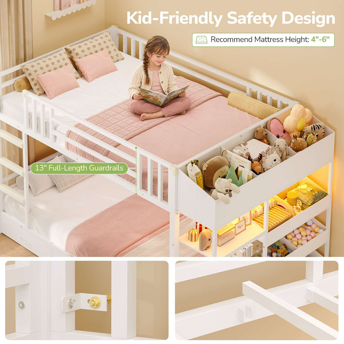 Hasuit | Twin Over Twin Bunk Bed with Storage Drawers and Montessori Bookshelf Reversible Metal Bunk Bed with Safety Guardrails