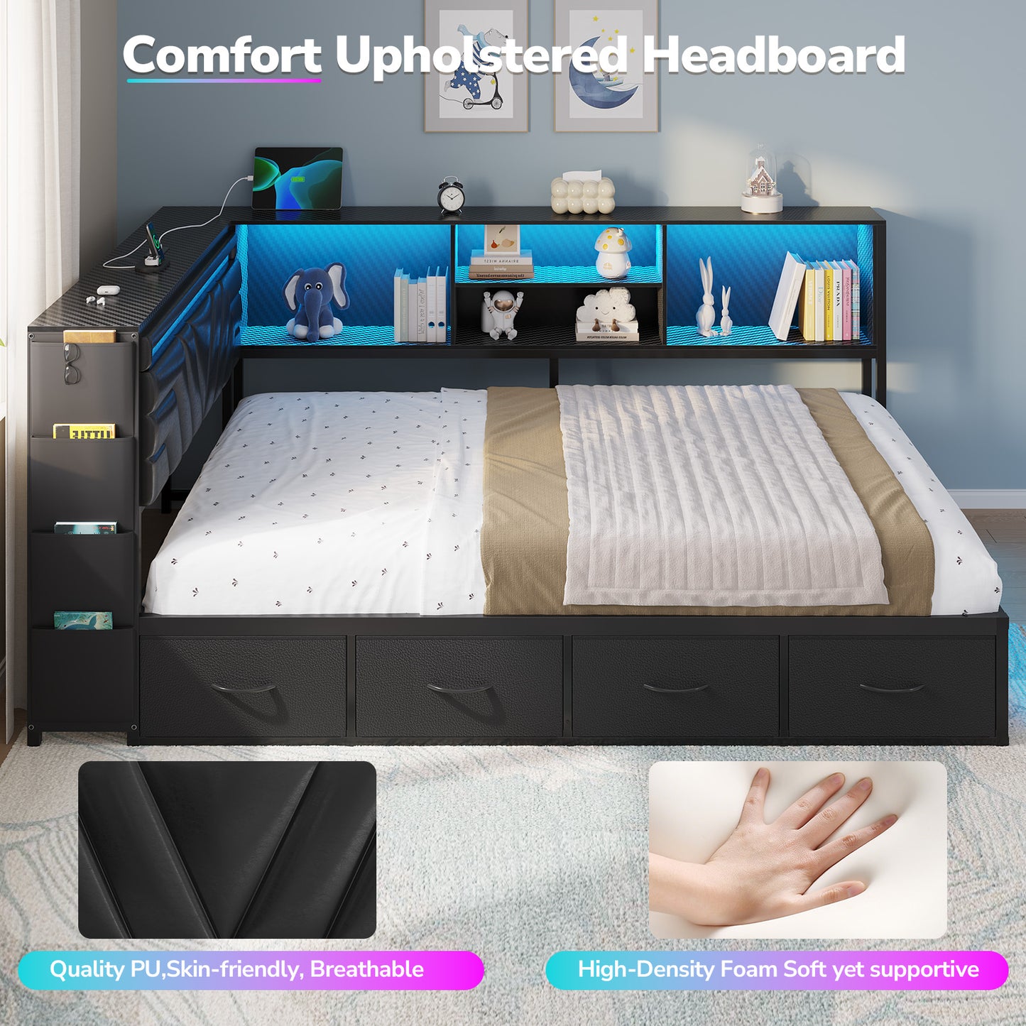 Hasuit | Corner Bed Frame with Drawers and Bookcase Gaming Bed Frame with Storage Esports Style Bed with Upholstered Headboard