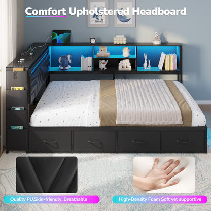 Hasuit | Corner Bed Frame with Drawers and Bookcase Full Size Gaming Bed Frame with Storage Esports Style Bed with Upholstered Headboard