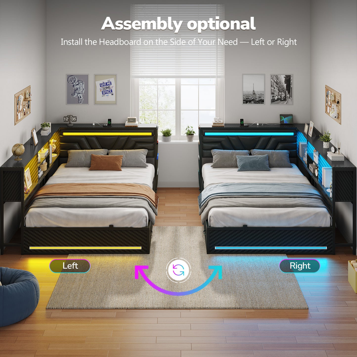 Hasuit | Corner Bed Frame with Drawers and Bookcase Gaming Bed Frame with Storage Esports Style Bed with Upholstered Headboard