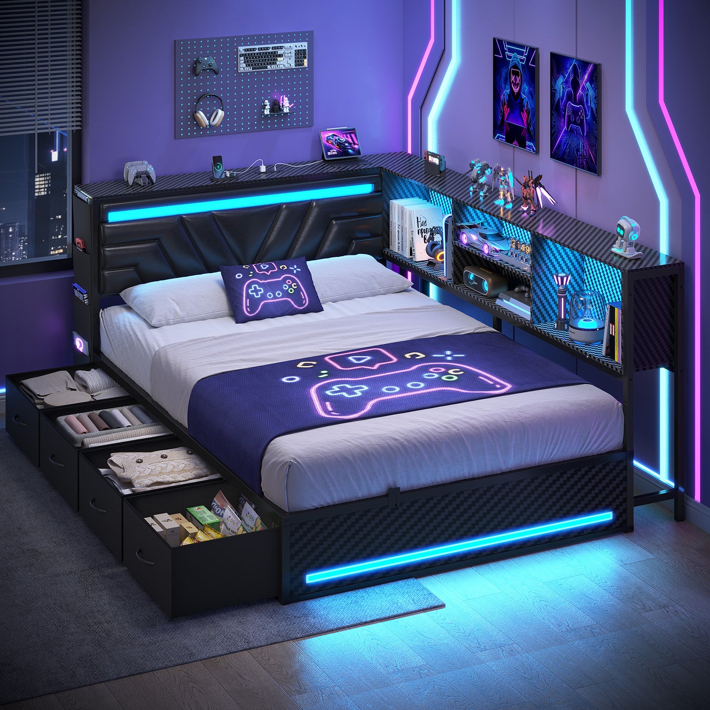 Hasuit | Corner Bed Frame with Drawers and Bookcase Gaming Bed Frame with Storage Esports Style Bed with Upholstered Headboard