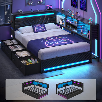 Hasuit | Corner Bed Frame with Drawers and Bookcase Gaming Bed Frame with Storage Esports Style Bed with Upholstered Headboard