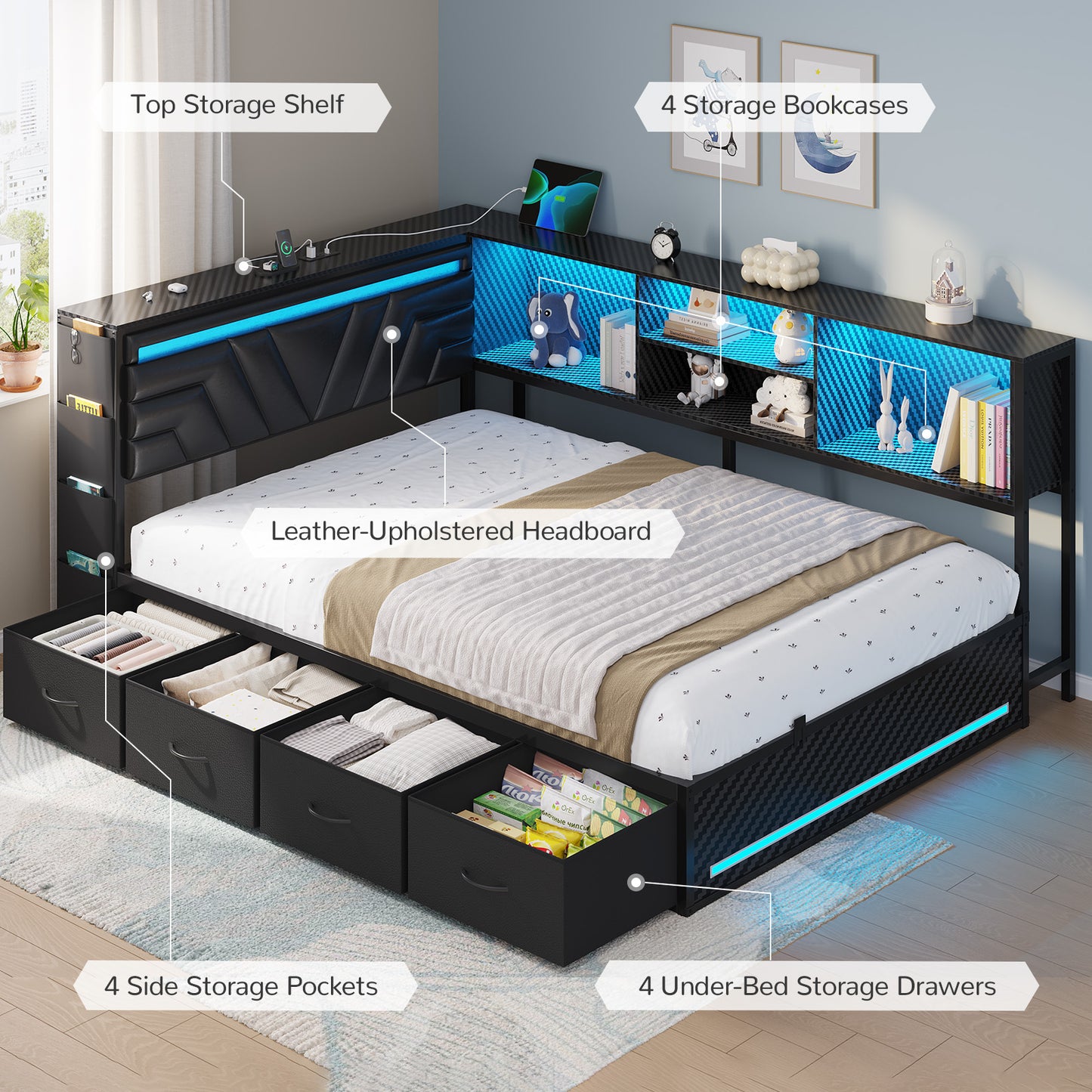 Hasuit | Corner Bed Frame with Drawers and Bookcase Full Size Gaming Bed Frame with Storage Esports Style Bed with Upholstered Headboard