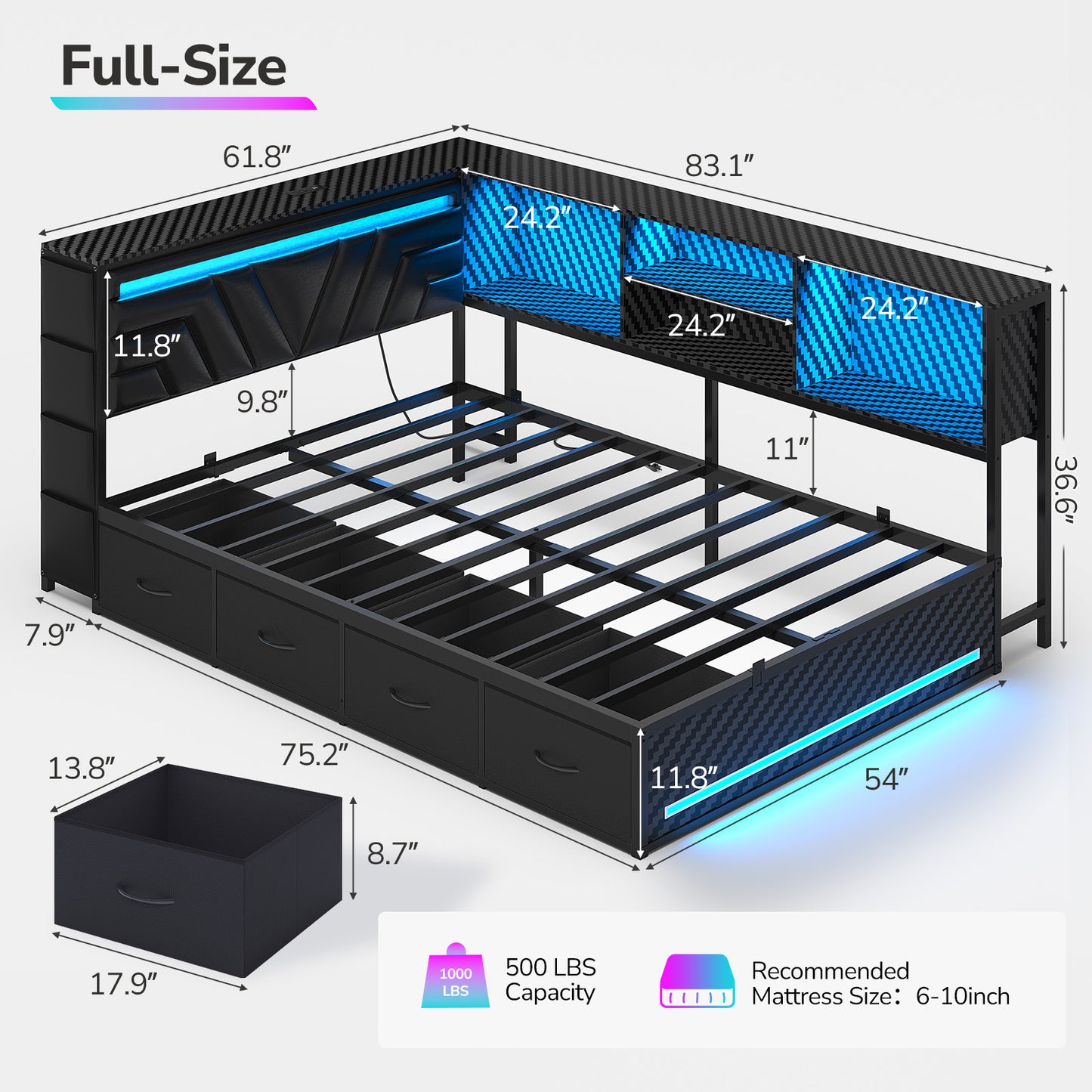 Hasuit | Corner Bed Frame with Drawers and Bookcase Gaming Bed Frame with Storage Esports Style Bed with Upholstered Headboard