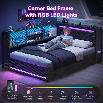 Hasuit | Corner Bed Frame with Drawers and Bookcase Gaming Bed Frame with Storage Esports Style Bed with Upholstered Headboard